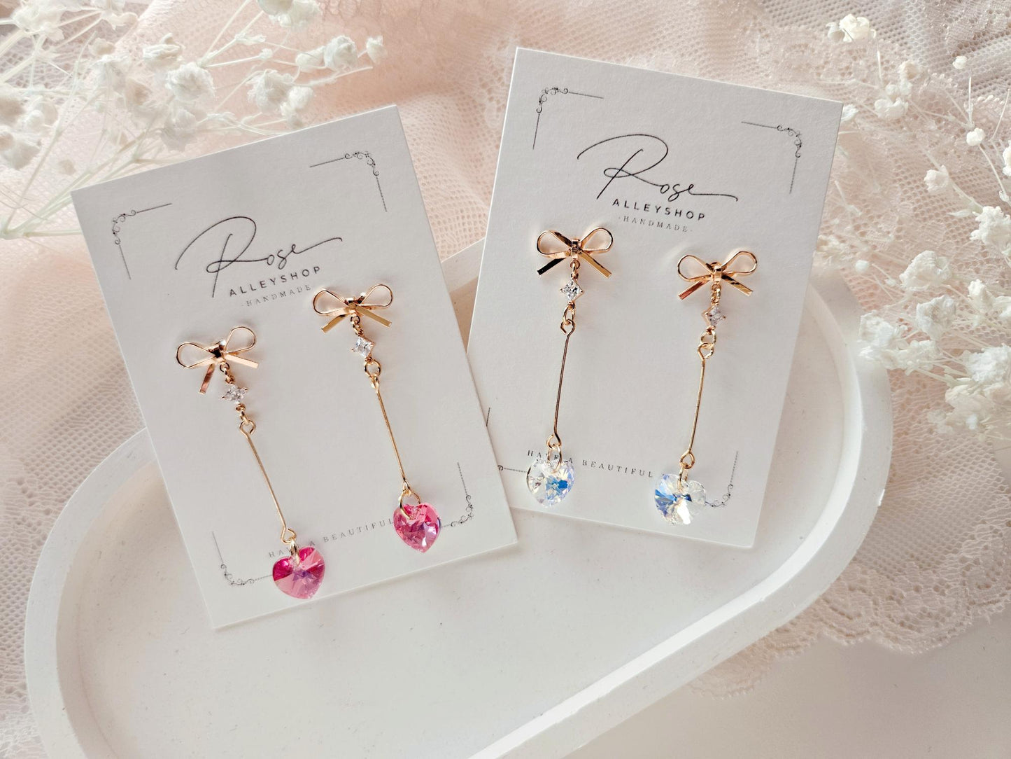 Bow Post Long Heart Earrings