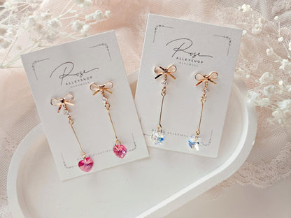 Bow Post Long Heart Earrings