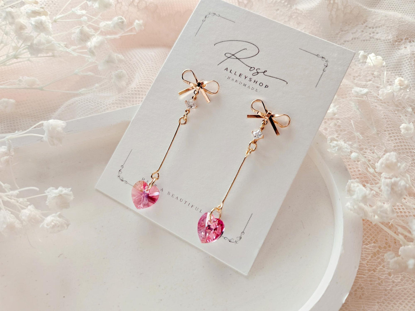 Bow Post Long Heart Earrings