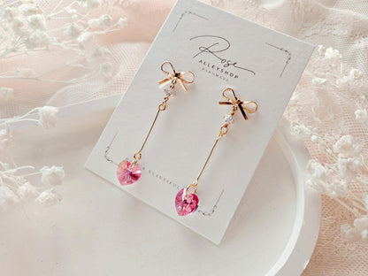 Bow Post Long Heart Earrings