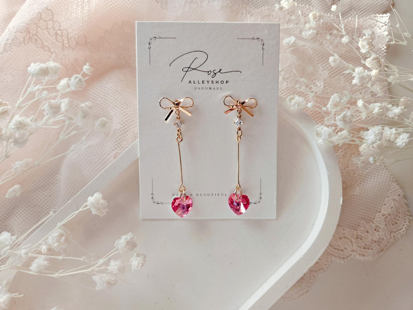 Bow Post Long Heart Earrings