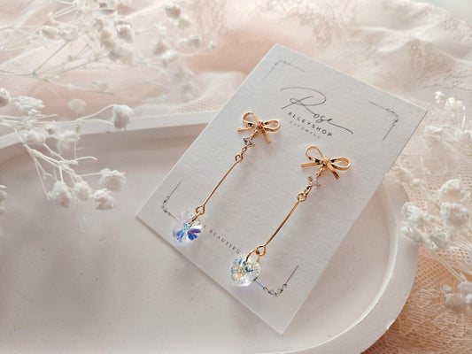Bow Post Long Heart Earrings