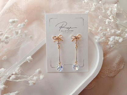 Bow Post Long Heart Earrings